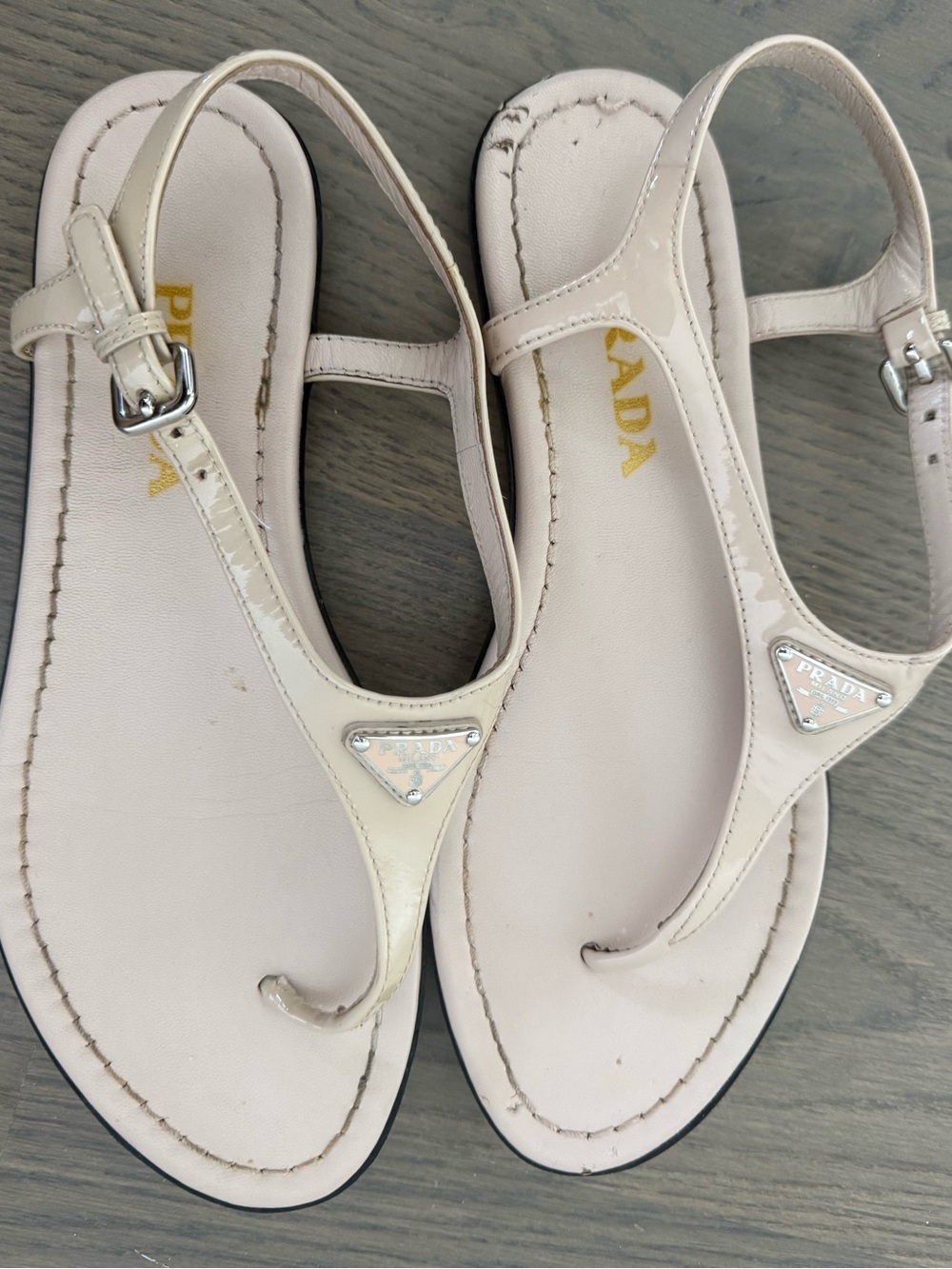 Prada Cream Patent Leather T-Strap Sandals
